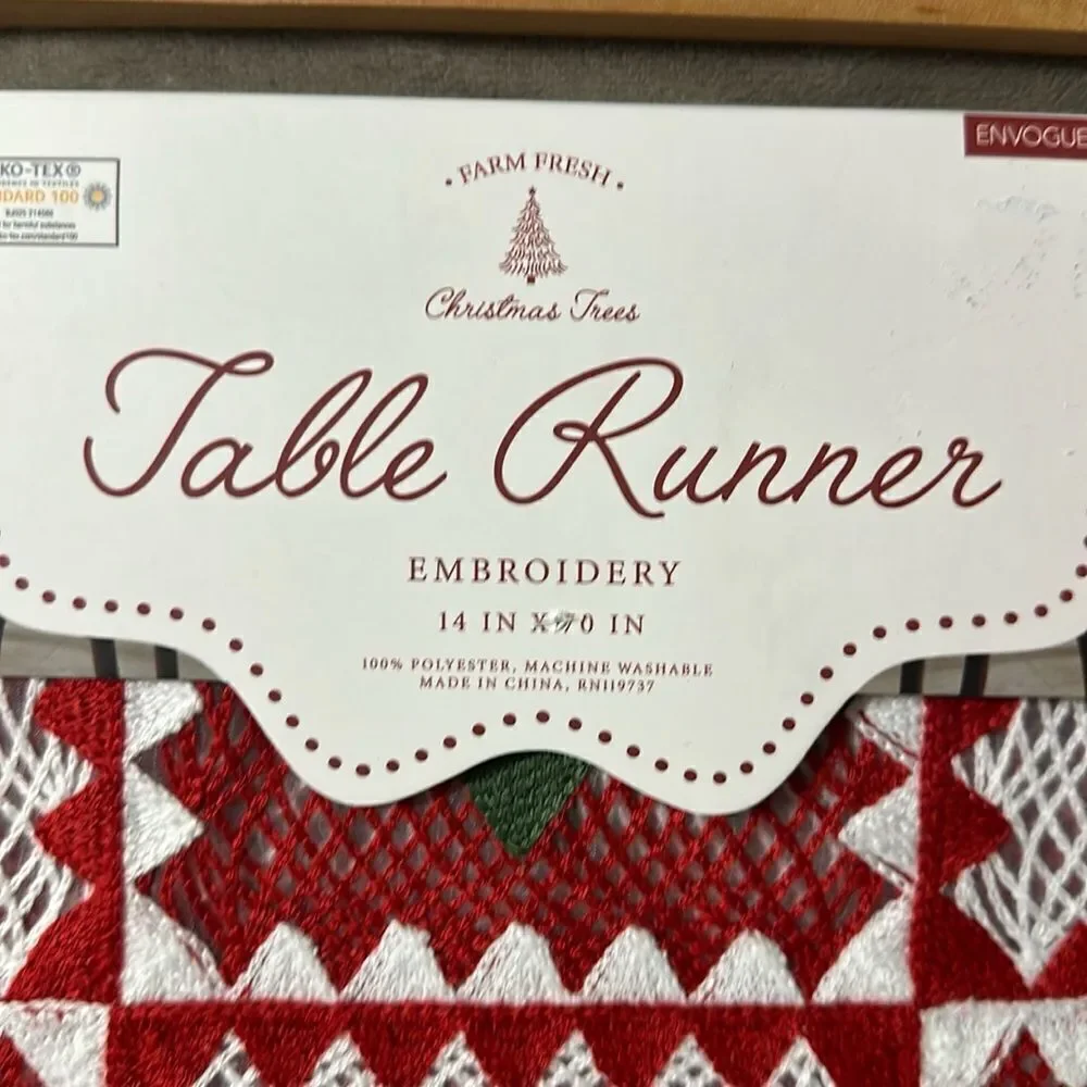 FARM FRESH White Green Red Crochet Christmas Tree Print Table Runner